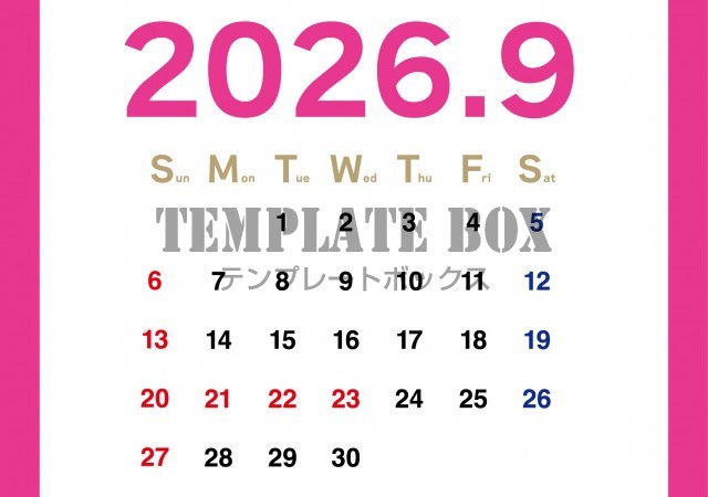 2026年9月のカレンダー:横型ピンクが目立つデザイン