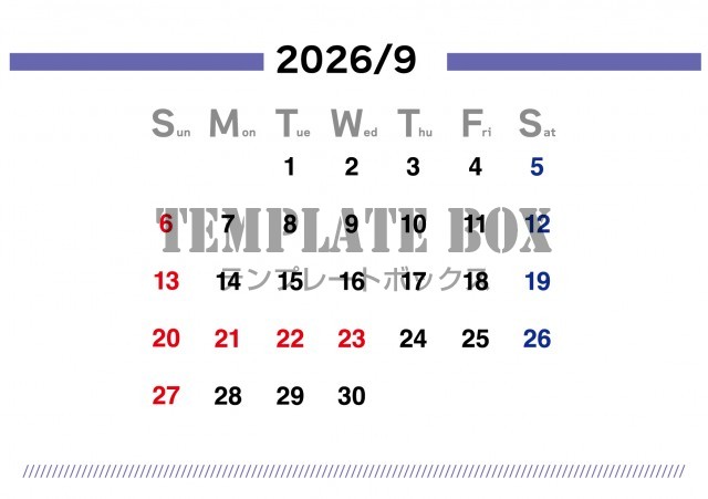 2026年9月のカレンダー:横型ブルーのあしらいがおしゃれ