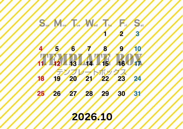 2026年10月のカレンダー:ななめ黄色のデザイン