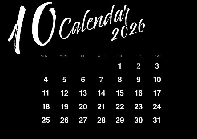 2026年10月のカレンダー:横型白抜きデザイン