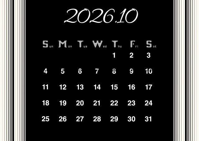 2026年10月のカレンダー:ブラックがかっこいカレンダー