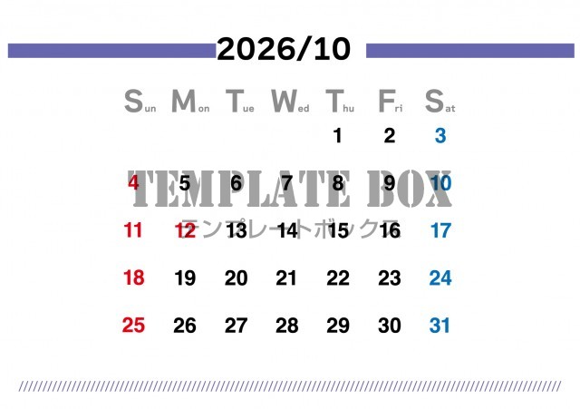 2026年10月のカレンダー:横型青のラインデザイン