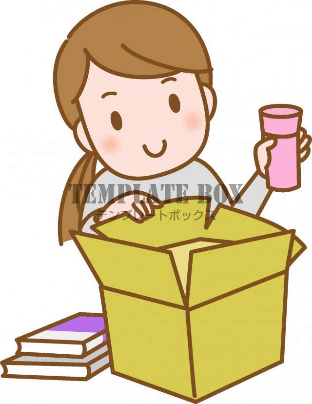 段ボール箱に荷物を詰めて片付けや引っ越しの荷造りをしている女性