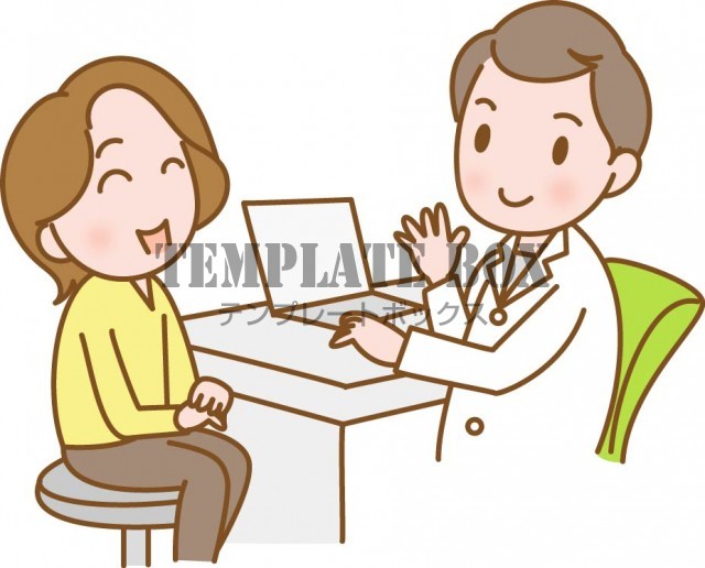 病院で使えるイラスト素材、病院の診察室で診察を受け、説明をする医師と患者さん