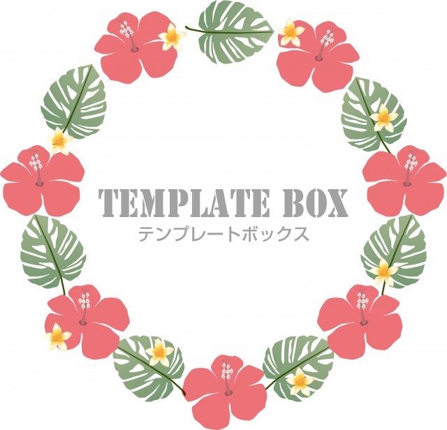 夏 8月 フレーム素材 ハイビスカスとモンステラとプルメリアの飾り枠 フレーム かわいい 無料テンプレート Templatebox
