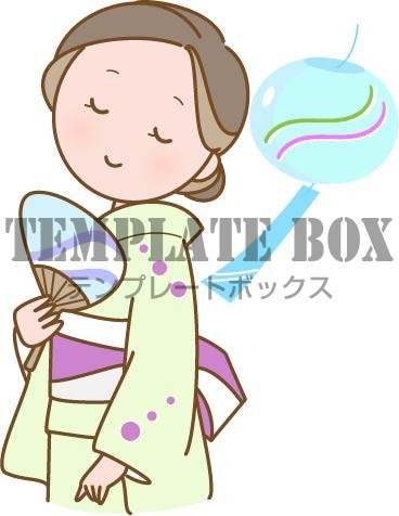 夏 8月 のイメージイラスト 浴衣姿で風鈴の音に癒される女性のワンポイントイラスト 無料イラスト素材 Templatebox