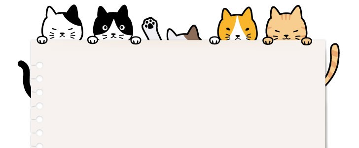 5匹の猫とノートのフレーム 後姿の猫ちゃんと肉球のイラスト入り お知らせや見出し ポップ Web素材として 無料イラスト素材 Templatebox