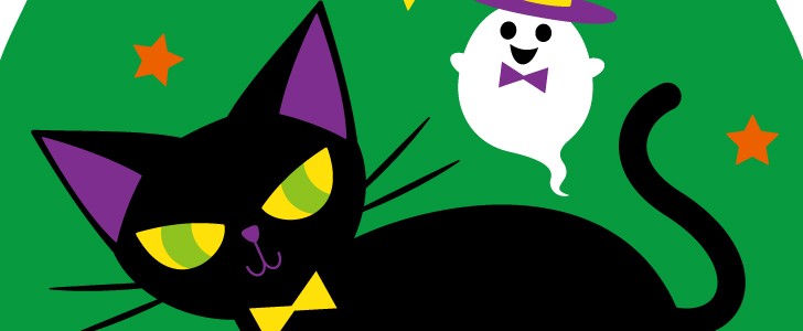 黒猫と小さなオバケ ハロウィン 10月 イベント 動物 かわいい ハロウィンのpopやメッセージカードに使えるワンポイントカット 無料イラスト 素材 Templatebox