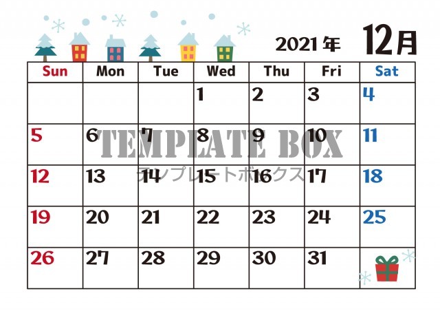 21年12月のカレンダー クリスマスの雪降る街並みのかわいいイラスト付き 無料イラスト素材 Templatebox