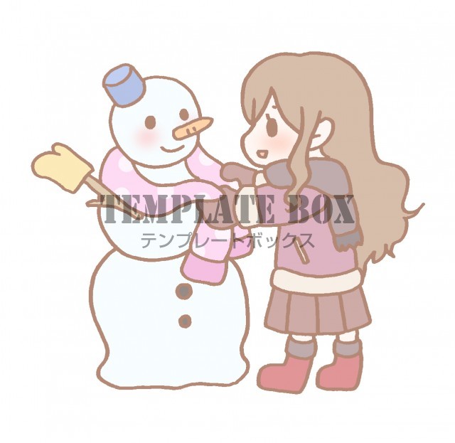 冬のイラスト 雪だるまにマフラーをかけている女の子のワンポイントイラスト 無料イラスト素材 Templatebox