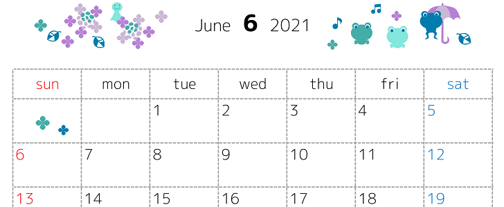 21年6月カレンダー Jpg Pdf Png 横型 梅雨 あじさい 雨傘 カエル 無料テンプレート Templatebox