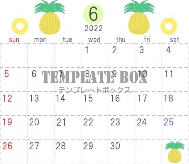 22年カレンダー 果物のデザインの横型のカレンダー パイナップルのイラスト付き 無料イラスト素材 Templatebox