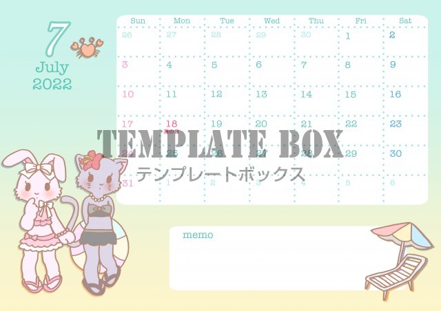 22年7月のカレンダー 海モチーフの動物の女の子達のイラスト入り 無料テンプレート Templatebox