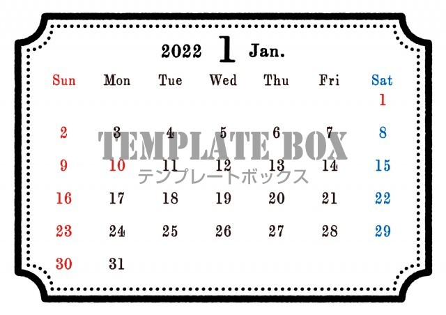 シンプルでレトロなカレンダー 22年1月 モノクロ おしゃれ 黒 サイズ横 無料テンプレート Templatebox