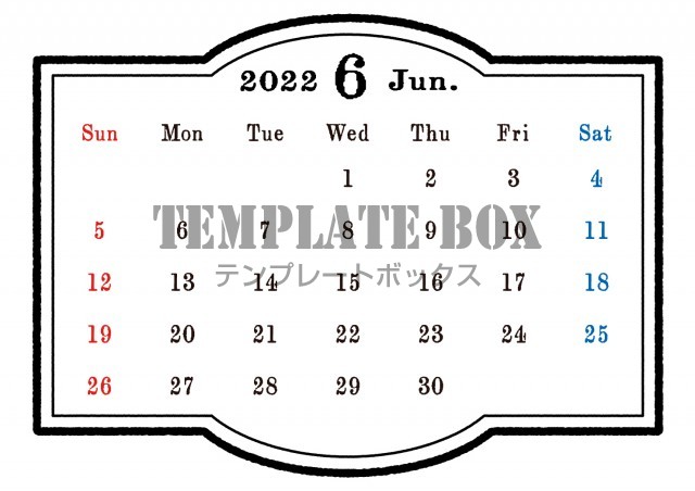 シンプルでレトロなカレンダー 22年6月 モノクロ おしゃれ 黒 サイズ横 無料テンプレート Templatebox