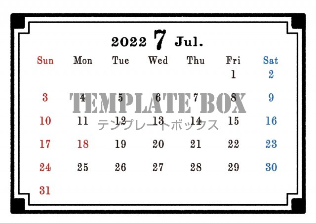 シンプルでレトロなカレンダー 22年7月 モノクロ おしゃれ 黒 サイズ横 無料テンプレート Templatebox