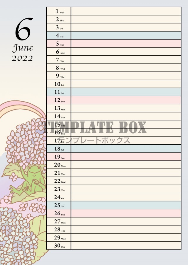 22年６月のカレンダー 梅雨らしいあじさいとカエルのイラスト入り 無料テンプレート Templatebox