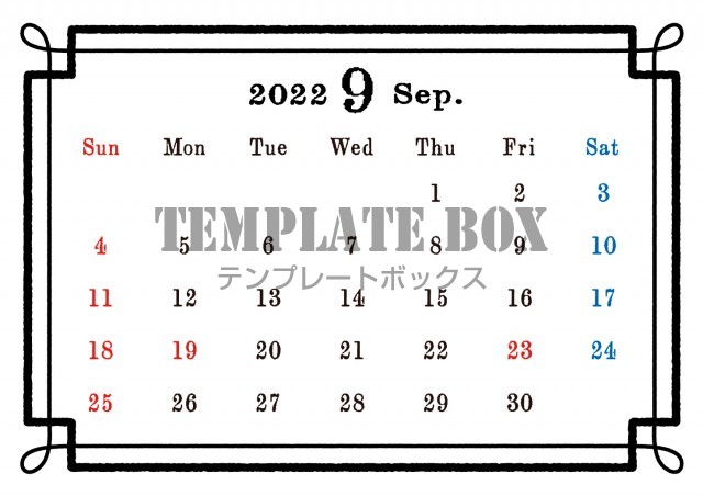 シンプルでレトロなカレンダー 22年9月 モノクロ おしゃれ 黒 サイズ横 無料テンプレート Templatebox