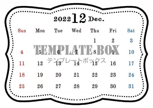 シンプルでレトロなカレンダー 22年12月 モノクロ おしゃれ 黒 サイズ横 無料テンプレート Templatebox