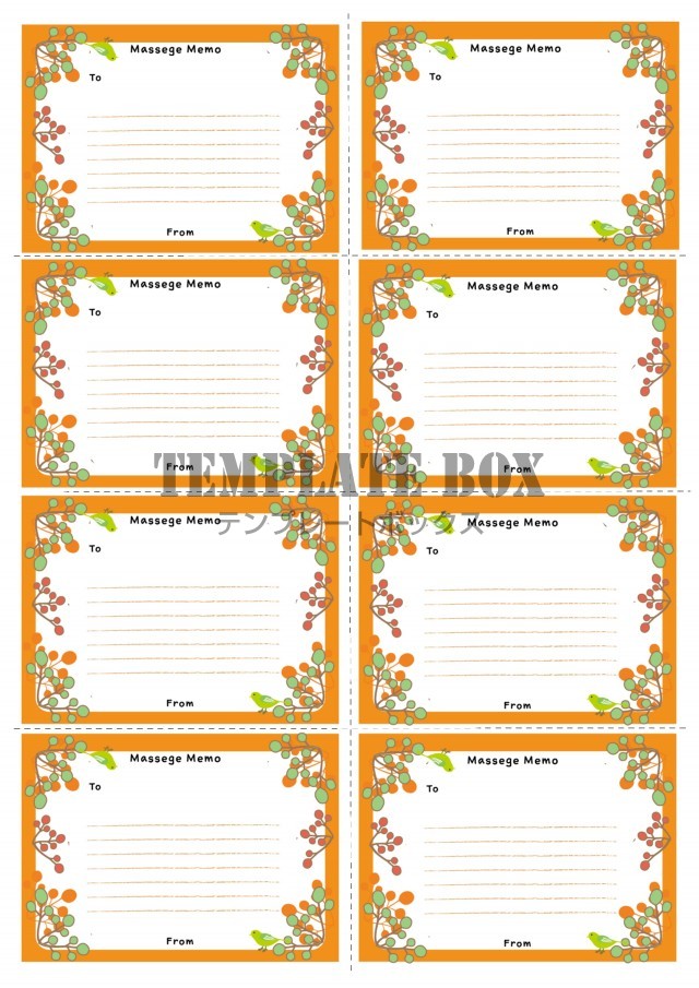 ミニメッセージカード☆オレンジ色のフレームにかわいい小鳥とリーフがデザインされたおしゃれな伝言メモ！