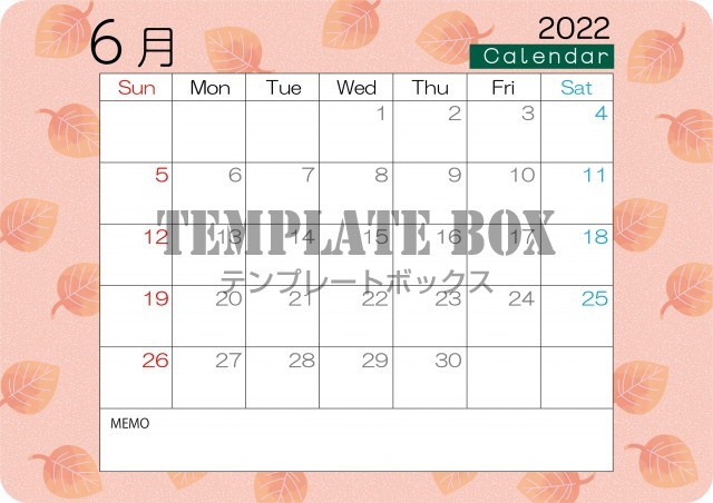 22年度 6月カレンダー 手書きのピンクの葉っぱと場所を選ばず飾れるお洒落なカレンダー素材 無料テンプレート Templatebox