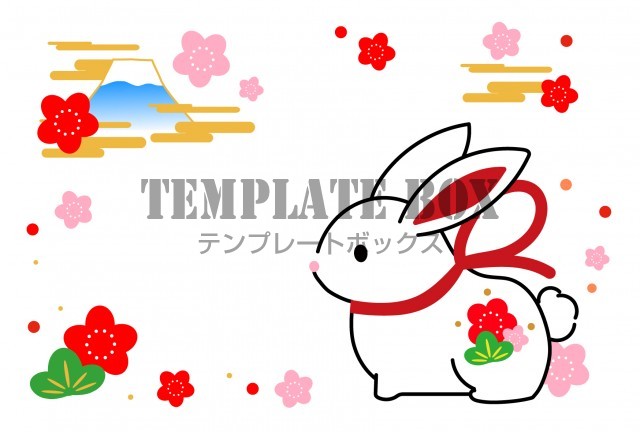 2023年干支卯年(うさぎ年）の年賀状素材・縁起の良い置物風のウサギと富士山のイラスト（透過PNG）