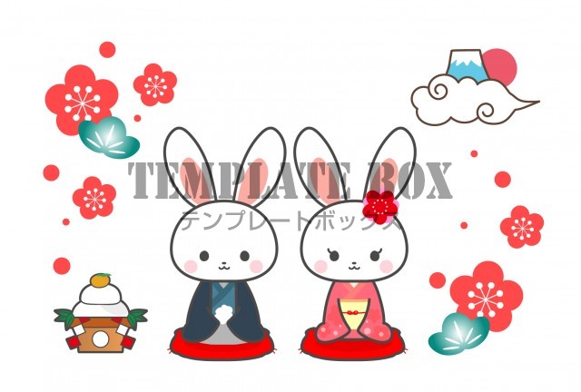 2023年干支卯年(うさぎ年）の年賀状・正月素材・着物（振袖・袴）を着たかわいいウサギさんと鏡餅・富士山のイラスト