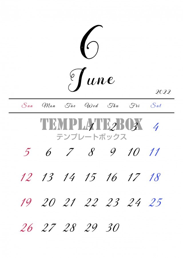 2022年6月カレンダー　シンプルでおしゃれな書体デザイン（JPG/PNG/PDF)