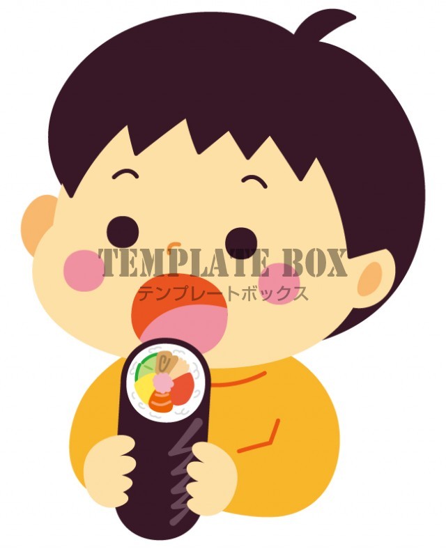 恵方巻を食べようとしている子供＜節分・縁起物・巻き寿司・寿司・年中行事・2月＞節分に使えるワンポイントカット
