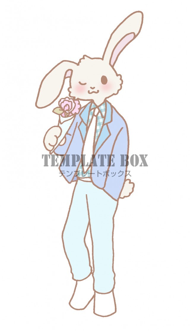 スーツ姿で花を持ちウインクしているイケメンなうさぎの男の子のイラスト