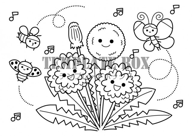 たんぽぽと虫たちの塗り絵 タンポポ テントウムシ ちょうちょ 蝶 ミツバチ 花 昆虫 ぬりえ かわいい 植物 かわいいお花の塗り絵素材 無料イラスト 素材 Templatebox