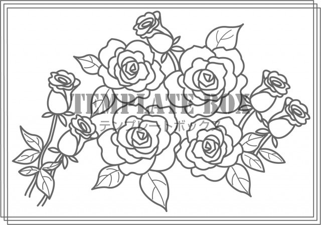 植物の塗り絵素材 サイズの華やかな横型のバラの花の塗り絵 無料イラスト素材 Templatebox