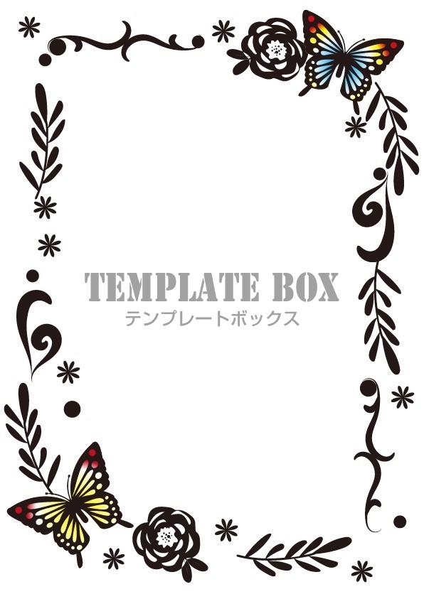 花と蝶の花のシルエット風のフレームにカラフルな蝶で飾った飾り枠のフリー素材 無料イラスト素材 Templatebox