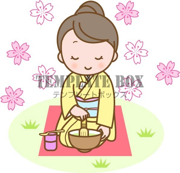 春のイメージのワンポイントイラスト 茶道 桜の咲く屋外で野点をする着物姿の女性 無料イラスト素材 Templatebox