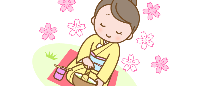 春のイメージのワンポイントイラスト 茶道 桜の咲く屋外で野点をする着物姿の女性 無料イラスト素材 Templatebox