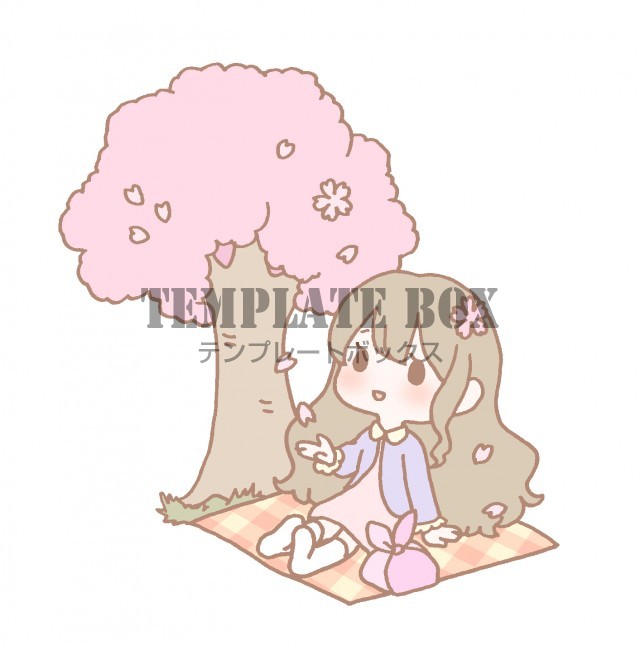 春 4月 桜の木の下でお花見をしている女の子のワンポイントイラスト 無料イラスト素材 Templatebox