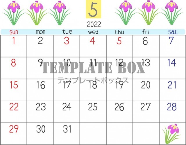 2022年5月のカレンダー素材、ショウブの花のデザインの横型のカレンダー