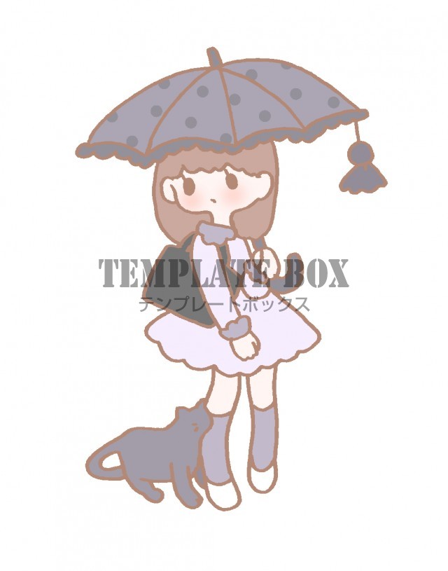 傘をさしている女の子と雨宿りしに足元に寄り添ってきた黒猫のイラスト 無料イラスト素材 Templatebox