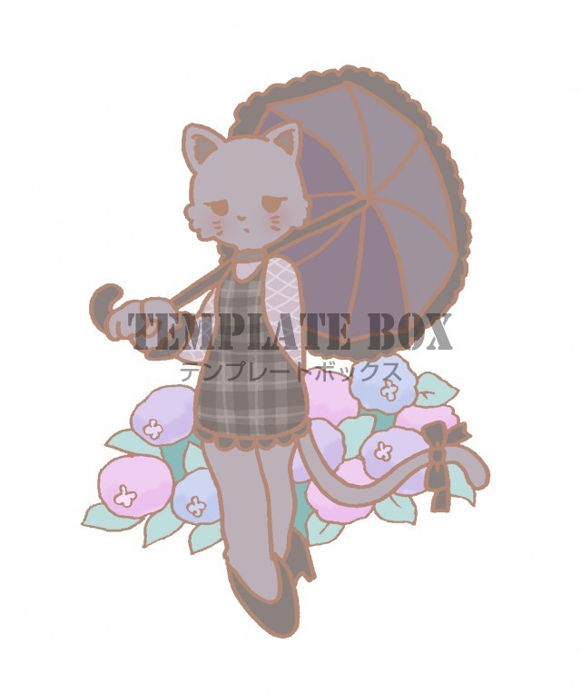 紫陽花をバックに傘を差してポーズをとっている猫の女の子のワンポイント 無料イラスト素材 Templatebox