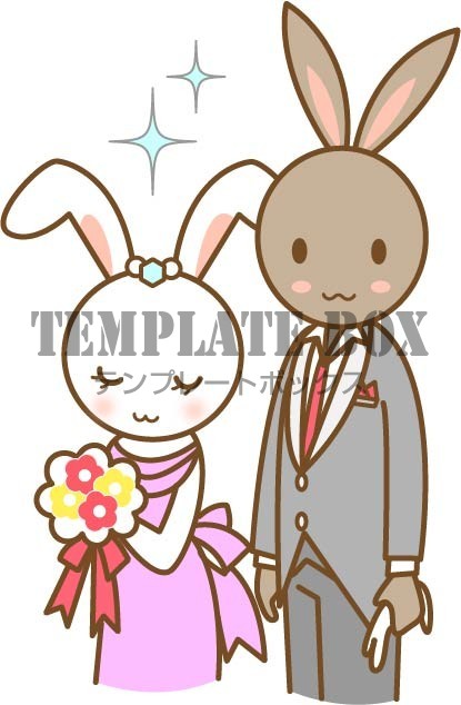 かわいいウサギのワンポイントイラスト、年賀状にも使える、うさぎの結婚式の新郎新婦のイラスト