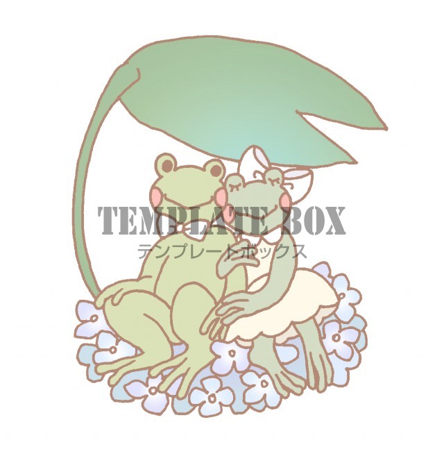 葉っぱを傘に 紫陽花の上で仲良しなカエルの男の子と女の子のイラスト 無料イラスト素材 Templatebox