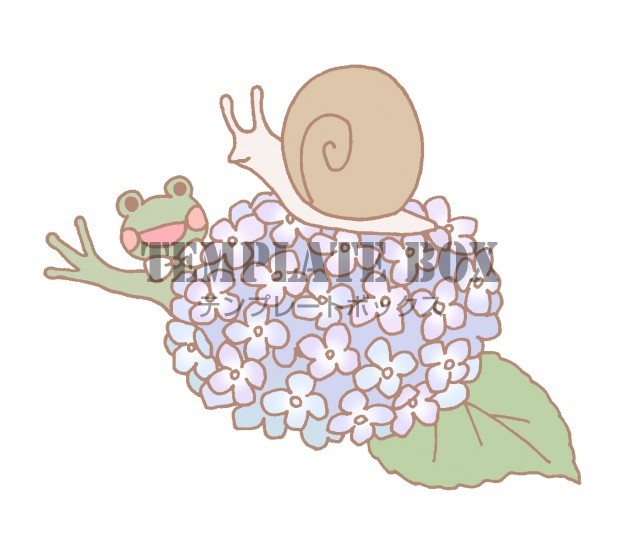 紫陽花のかげから手を振って友達のカタツムリに挨拶しているカエル 無料イラスト素材 Templatebox