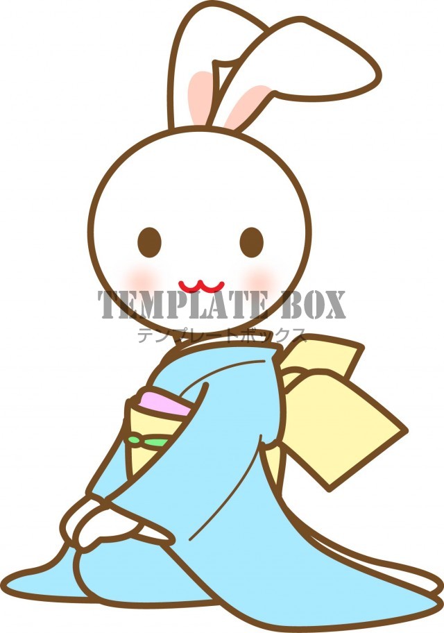 かわいいウサギのワンポイントイラスト、着物姿の横向き、正座をしているうさぎのイラスト素材
