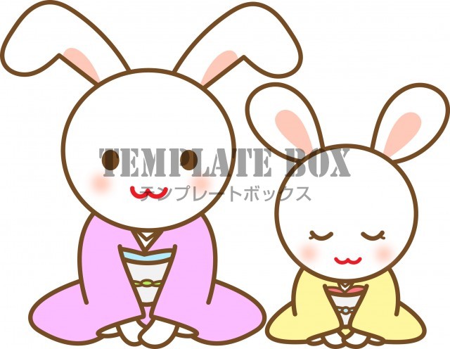 かわいいウサギのワンポイントイラスト、着物姿で正座をしてご挨拶をするかわいいウサギの姉妹のイラスト素材