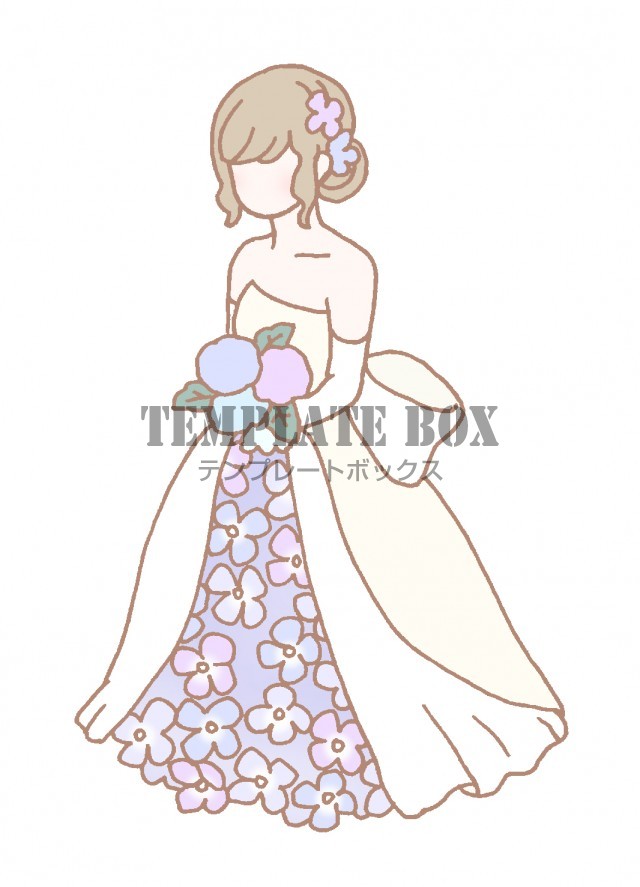 紫陽花のブーケを手に持ち紫陽花いっぱいのウエディングドレスを着ている女性 無料イラスト素材 Templatebox
