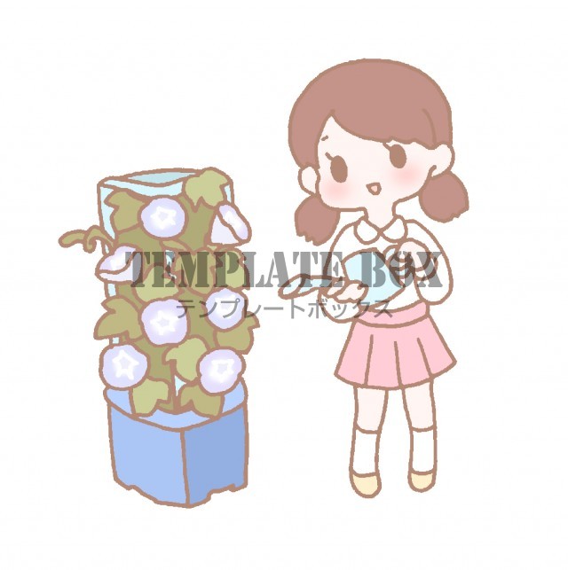 ジョウロを持って朝顔の花に水をあげようとしている女の子のイラスト 無料イラスト素材 Templatebox