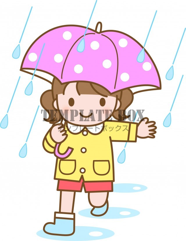 6月のイメージのワンポイントイラスト 雨の中 長靴とレインコート姿で傘をさして歩くかわいい女の子のイラスト 無料イラスト素材 Templatebox