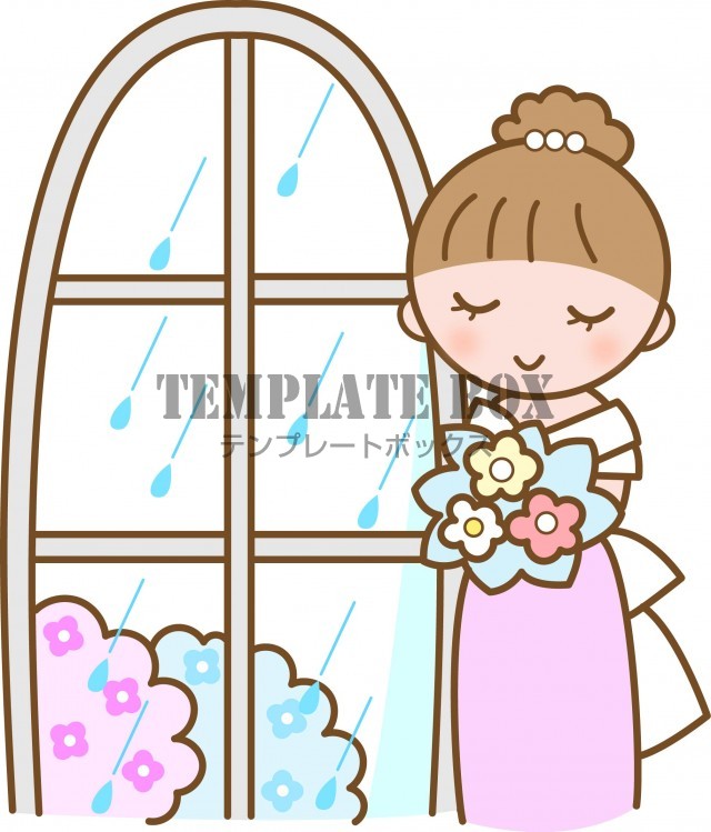 6月のイメージのワンポイントイラスト ジューンブライド 窓の外のアジサイの花と花嫁のイラスト 無料イラスト素材 Templatebox