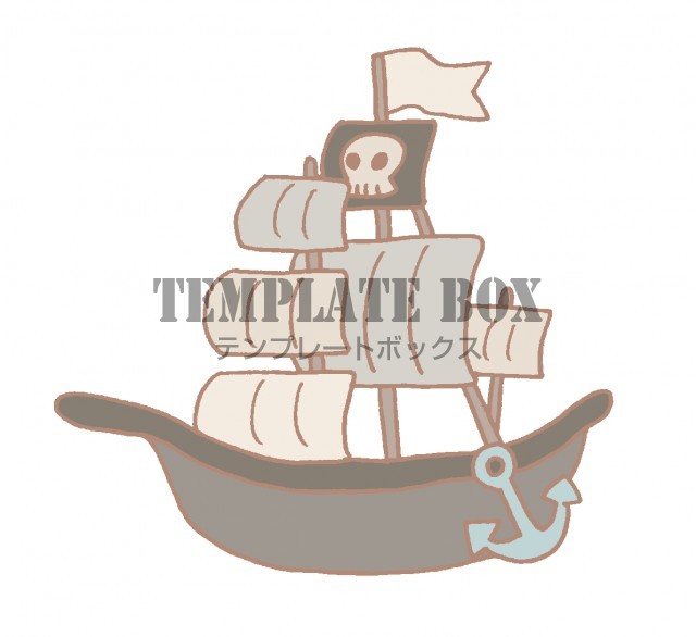 ドクロの描かれたモノクロの帆の海賊船のワンポイントイラスト