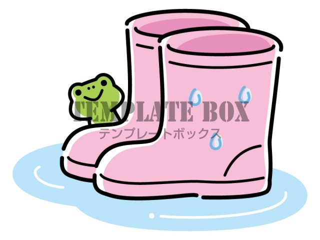 雨に濡れた長靴とカエルのイラスト 梅雨 雨 雨具 6月 季節 四季 天気 レインブーツ 雨の日や梅雨のイメージに使えるワンポイントカット 無料イラスト素材 Templatebox